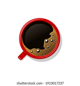 Top view black coffee in red cup isolated on white. Mug of brown coffee with foam and bubbles. Hot beverage, drink in white ceramic, porcelain cup. Vector illustration
