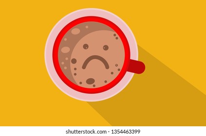 Top view :  Black fresh hot coffee in red mug. Sad face icon on the top of coffee.  Flat design vector.