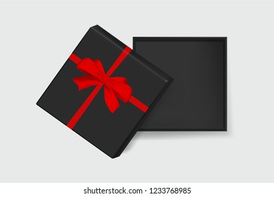 top view of black gift box is open on white background with copy space. concept design of present gift in Black Friday or special event for marketing and sale template in vector illustration.
