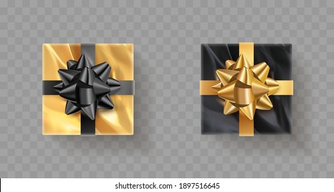 Top view black and gold foil gift boxes with bow and ribbon. Happy New Year, Holiday, black friday illustration for postcard, banner, decor, design, arts on transparent background.