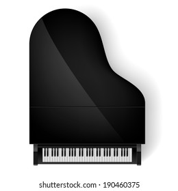 Top view of black grand piano on white background