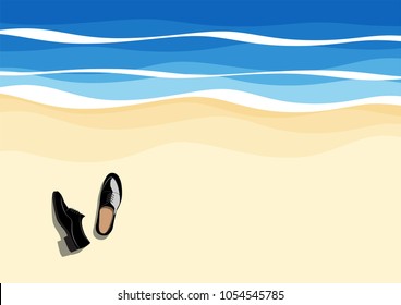 top view of black leather shoe on the beach, vector illustration,
concept is have a rest, people who work hard want to take a vacation for relax.