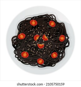 Draufsicht auf schwarze lange Pasta mit Tomaten und Sesamsamen auf Platte einzeln auf weißem Hintergrund. Zwergspaghetti. Vektorgrafik.
