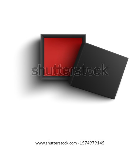 Top view of black open blank square box with cover on its edge realistic style, vector illustration isolated on white background. Mockup of 3d empty cardboard package with red inner side and lid