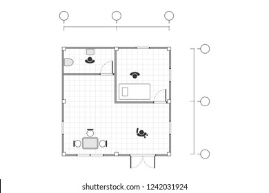 Top view, black and white outline drawing, house plan simple flat with line grid, vector illustration