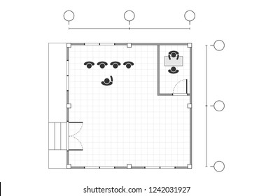 Top view, black and white outline drawing, office plan simple flat with line grid, vector illustration