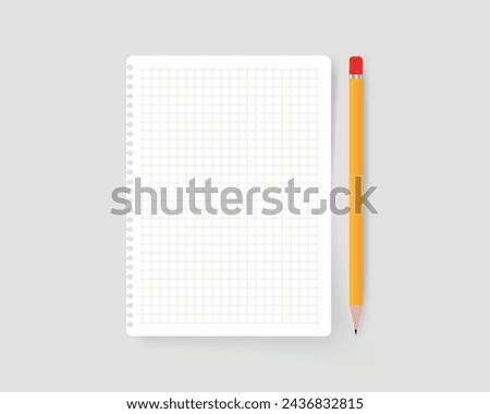 Top view of a blank checkered piece of paper with a pencil on a gray background. notebook or letterhead on a desk. isolated piece of paper with a pencil on a desktop. vector illustration