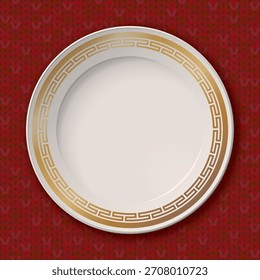 Vista superior de un plato de círculo en blanco con rayas doradas estilo chino, colóquelo en una ilustración gráfica de fondo cuadrado de patrón de punto de mantel rojo.