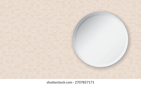 La vista superior de la placa de círculo en blanco colocada en la ilustración gráfica de fondo de mantel beige tiene espacio en blanco.