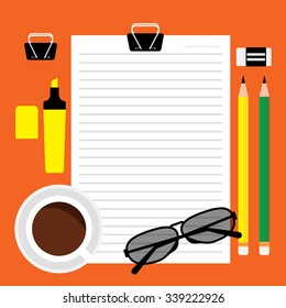 Top view of blank line paper with yellow and green pencil, orange desk with coffee glasses and office item. Vector illustration flat design.