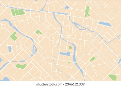 Vista superior de una plantilla de mapa en blanco, Vista aérea limpia superior del día tiempo del mapa de la ciudad con calle y río, Mapa de imaginación urbana en blanco, Concepto de navegador de mapas GPS, ilustración vectorial
