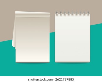 Top view of blank notebook with clean pages isolated on white background perfect for mockups, stationery, journaling, writing, and office designs