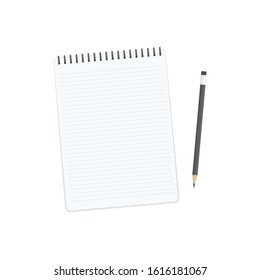 Top view of blank notebook and pencil. Empty note pad paper sheet with pen isolated on white background. Realistic notepad Mock up for corporate identity and promotion objects. Vector illustration.