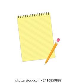 Top view of blank notebook and pencil. Empty note pad paper sheet with pen isolated on white background. 