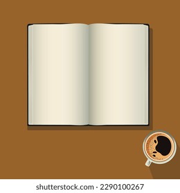 Draufsicht auf unscharfem, offenem Buch mit Tee oder Kaffee-Cup-Element auf braunem Hintergrund.