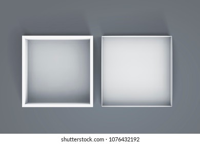 Top view of blank open white box on blue grey background in 3d illustration