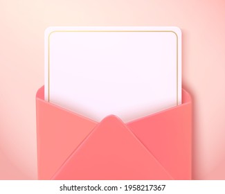 Top view of blank paper card in an open pink envelope. 3d love letter isolated on pink background, suitable for Mother's Day and Valentine's Day.