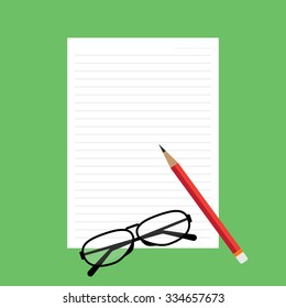 Top view of blank paper with line red pencil green desk background with glasses. Vector illustration flat design.
