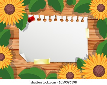 Top view of blank paper on table with leaves and sunflower elements illustration