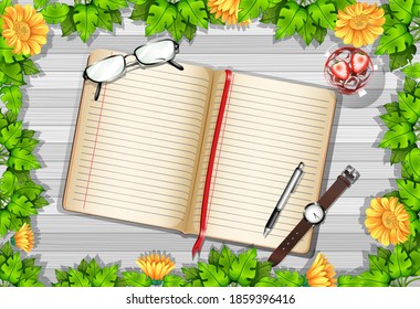 Top view of blank paper on table with leaves and sunflower elements illustration