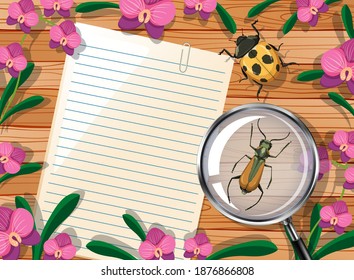 Top view of blank paper on table with leaves and pink orchids elements illustration