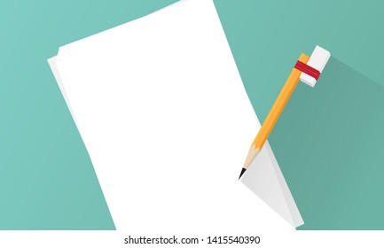 Top view of blank paper page with pencil on green background. Presentation template with copy space by top view. flat design , vector eps10