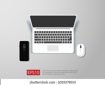 top view of blank screen laptop, phone and mouse vector illustration