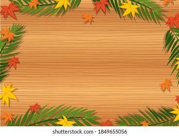 Draufsicht auf den Holztisch mit Blättern in verschiedenen Jahreszeitenelementen, Illustration