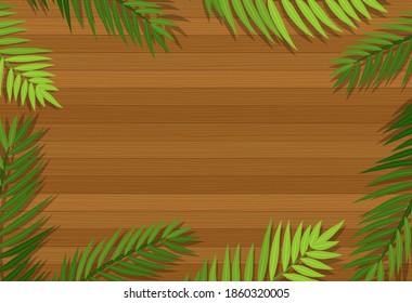 Top view of blank wooden table with leaves elements illustration