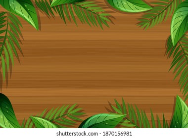 Top view of blank wooden table with leaves elements illustration