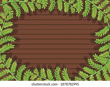 Vista superior de la mesa de madera en blanco con ilustración de elementos de hojas