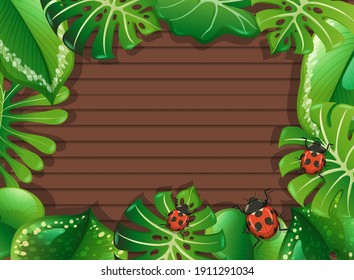 Vista superior de la mesa de madera en blanco con ilustración de elementos de hojas