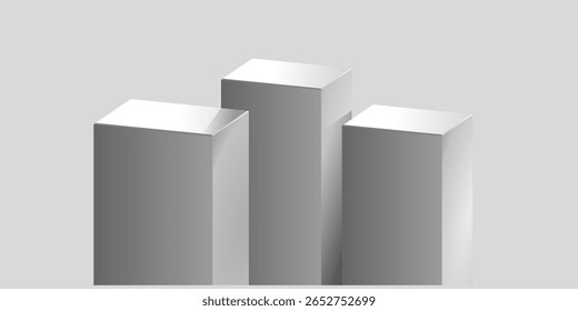 Top view block cube podium stage with three levels in clean gray tone. Minimalist vector design perfect for ranking, competition, or presentation display