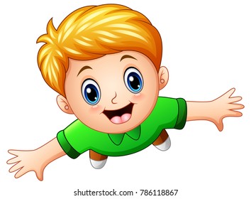 Top view of a blonde boy raising hands on a white background