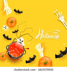Top View of Blood Cauldron Pot with Cartoon Ghosts, Pumpkins, Skeleton Hands and Flying Bats on Yellow Background for Happy Halloween.