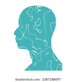 Top view of the blue and bright turquoise sea. Double exposure portrait of young man and seashore