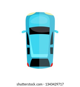 Top view of blue car. Hatchback land vehicle. Can be used for topics like car dealership, showroom, transportation