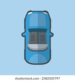 top view blue car with outline flat vector design.