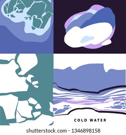 Top view blue cold water. Template abstract element design background, banner, poster with frozen iceberg.    