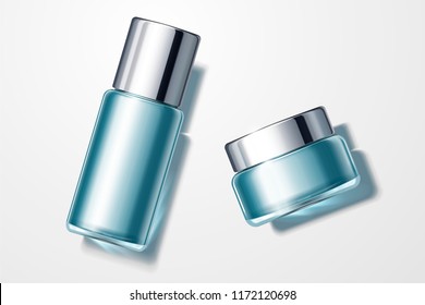 Top view of blue cosmetic containers set, cream jar and glass tall bottle in 3d illustration