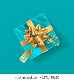 Top view blue foil gift box with golden bow, gold tag sale and ribbon. Happy New Year, Christmas illustration for postcard, banner, decor, design, arts on transparent background.
