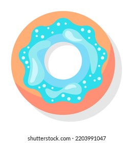 Top view of blue glaze donuts flat item. Cartoon glazed doughnuts with pink, blue, green icing isolated vector illustration. Desserts and sweet snack