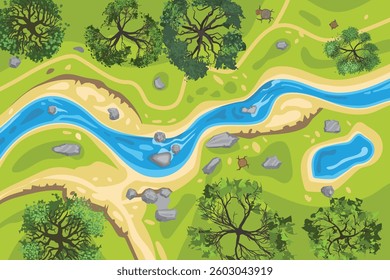 Top view of the blue river with sandbanks winding through a green field and forest with deciduous trees, yellow paths, grey stones and little blue pond. View from above. Aerial. Background.