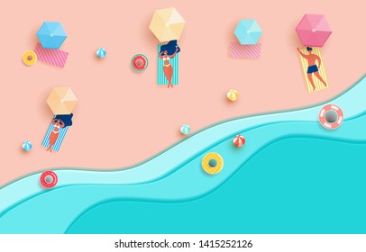 Top view blue sea paper waves and beach . Hot girl and guy on the beach sunbathe in summer season. Cartoon Vector Illustration.