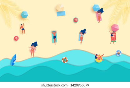 Top view blue sea paper waves and beach . Hot girl and guy on the beach sunbathe in summer season. Cartoon Vector Illustration.