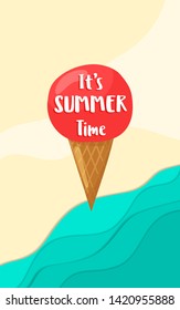 Top view blue sea paper waves and beach sale advertising design in Ice cream cone. Summer time Vector Illustration.