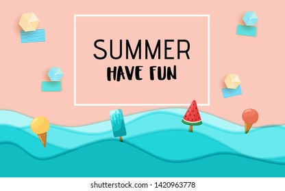 Top view blue sea paper waves and beach sale advertising design. Vector Illustration.