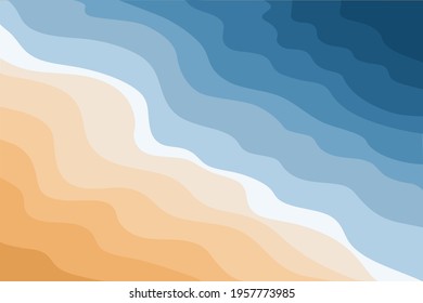 Top view of the blue sea and sandy beach. Ocean waves. Abstract stylish background with tropical coastline. Concept of travel, leisure and tourism. Vector poster wall art.