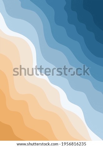 Top view of the blue sea and sandy beach. Ocean waves. Abstract stylish background with tropical coastline. Concept of travel, leisure and tourism. Vector poster wall art.