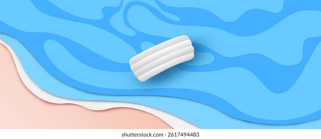 Top view blue sea water and inflatable mattress. paper cut and craft style. vector, illustration.